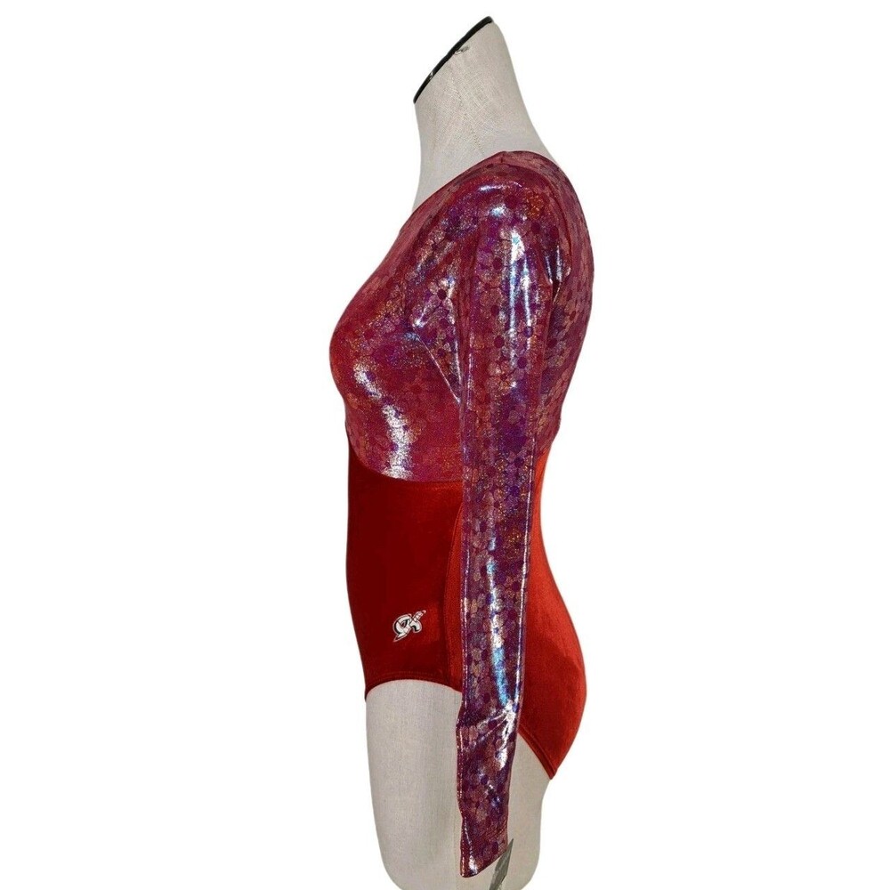 GK Elite VTG Red Velvet Floral Holographic LS Keyhole Leotard Size AM Adult M - Picture 3 of 16